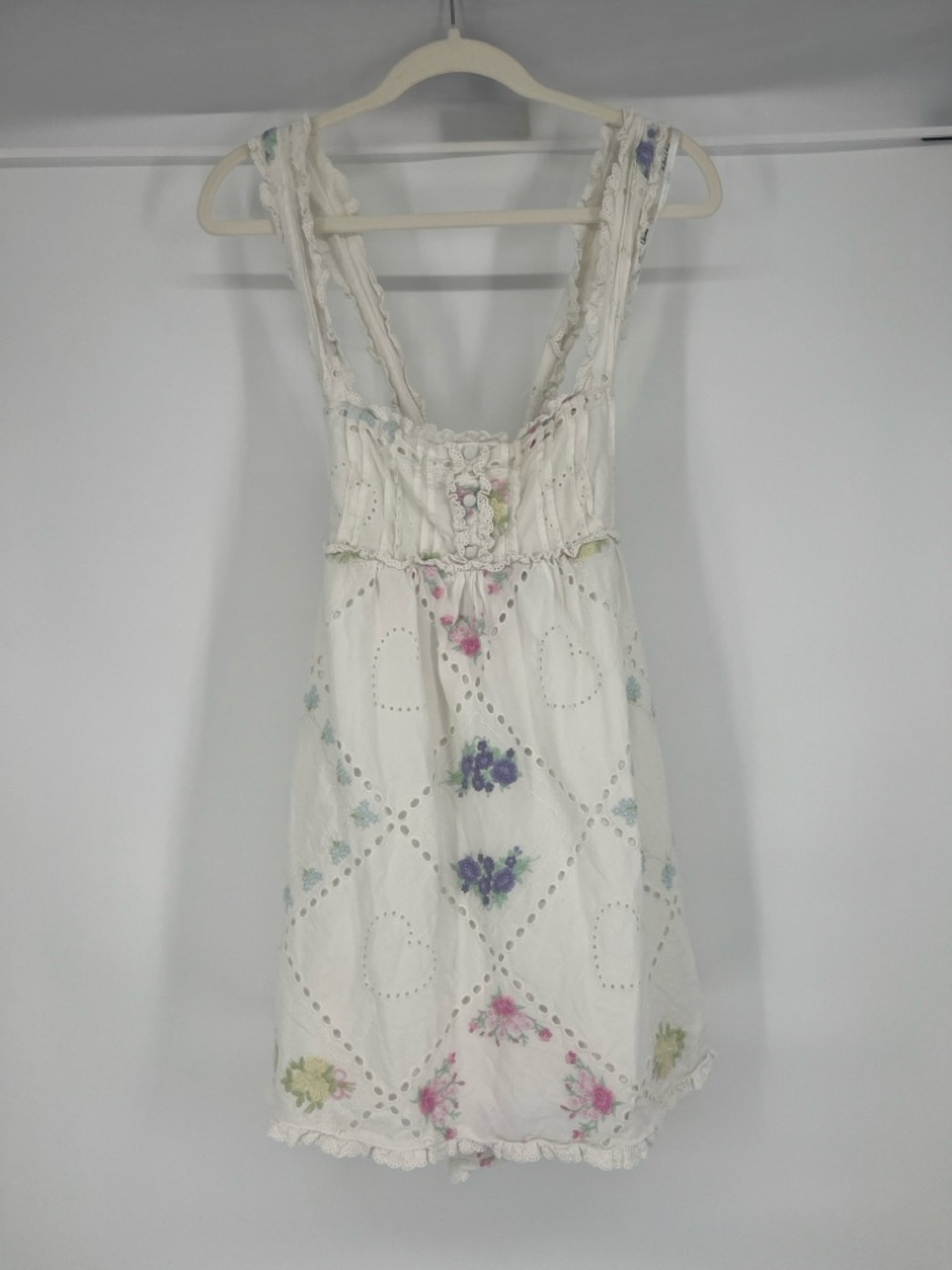 For Love And Lemons Andrea White Eyelet Strappy Mini Dress with Floral Motif L - Picture 2 of 9